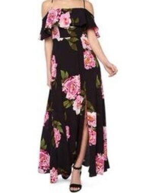 Premier Black Off-Shoulder Maxi Dress with Pink Floral Print